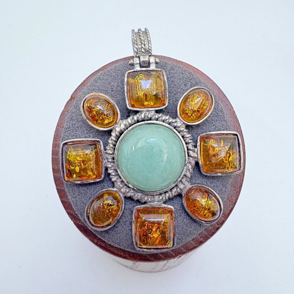 Aventurine & Amber Circle Pendant VTG Sterling Silver 925 Size 2" Length